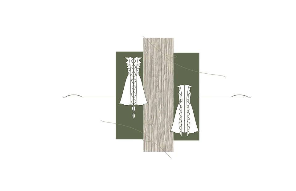 Front and back garment-detail drawings featuring fitted panels and vertical lace-up construction