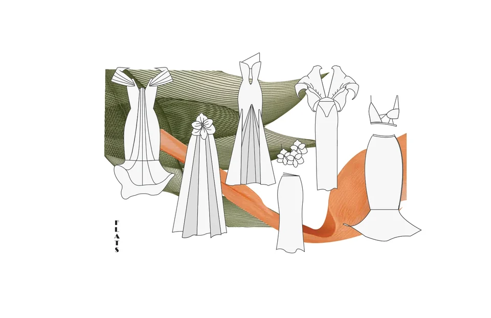 Black line drawings of dresses, separates, and garment details over abstract shapes