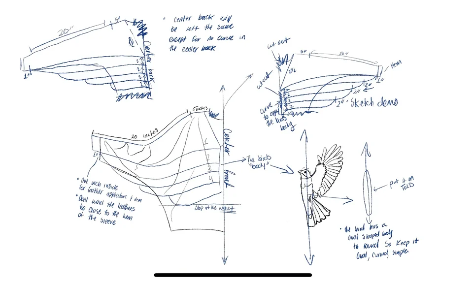 Hand-drawn construction study for the sculptural sleeve of Fantasy Dress.