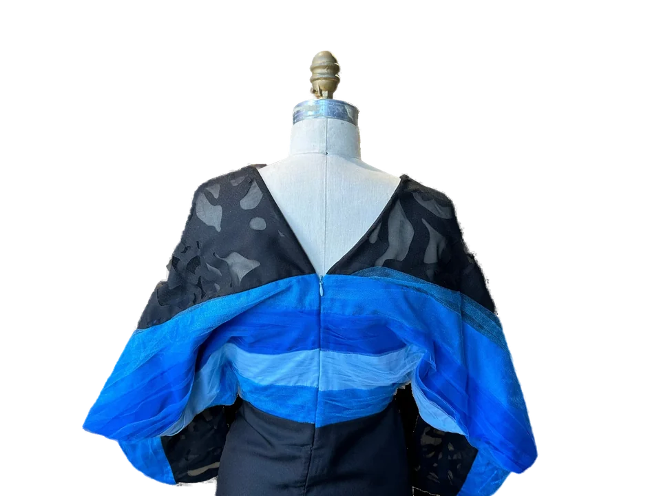 Close view of the black and blue sculptural Fantasy Dress bodice.