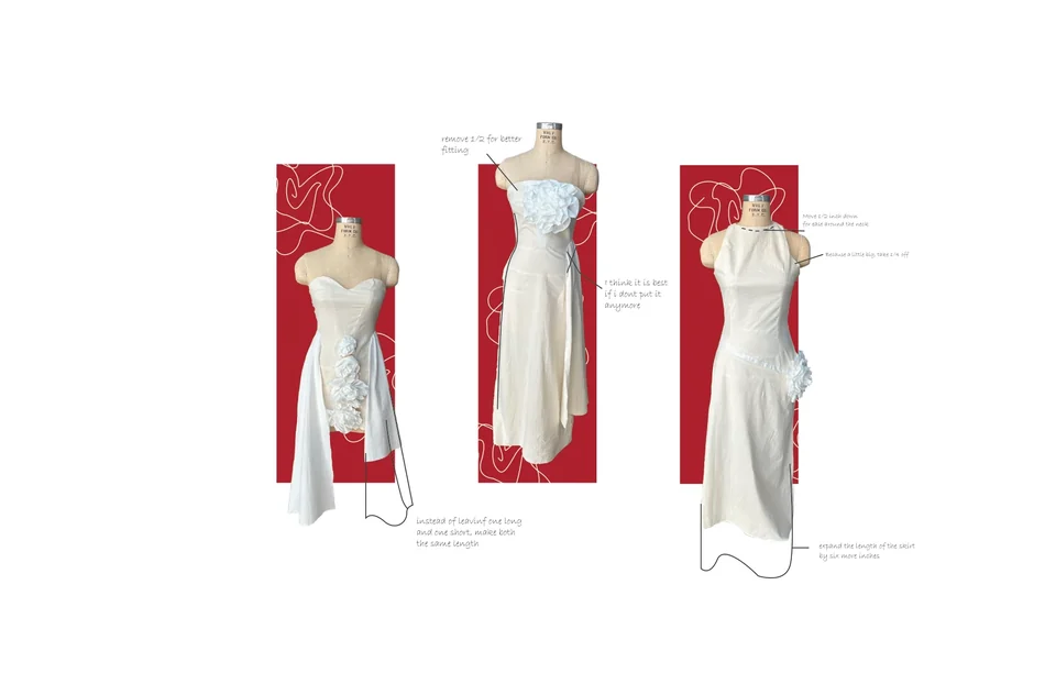 Three views of a white dress toile on a mannequin, showing a fitted bodice and asymmetric skirt with handwritten fitting annotations.