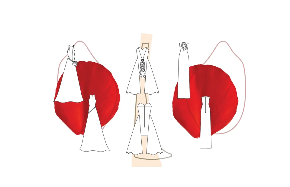 Front, back, and separated garment-component drawings for a white and red evening dress, arranged over large red abstract shapes.