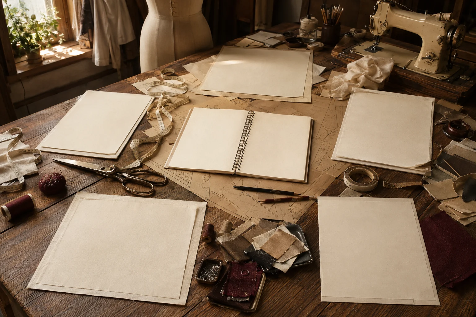 A warm fashion worktable with notebook, pattern paper, sewing machine, tools, fabric and blank portfolio sheets