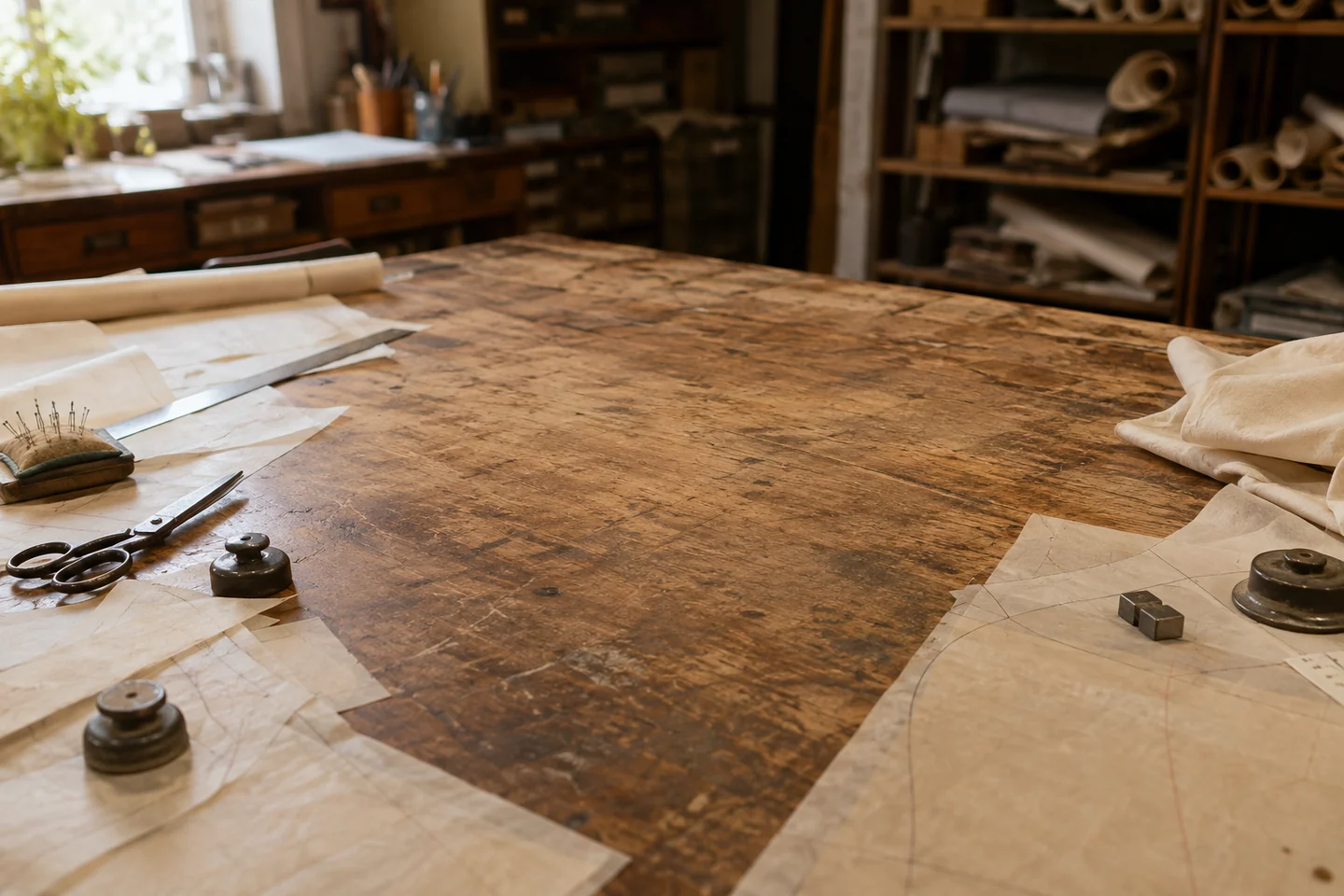 An imagined pattern cutting station with a worn timber worktable and pattern paper