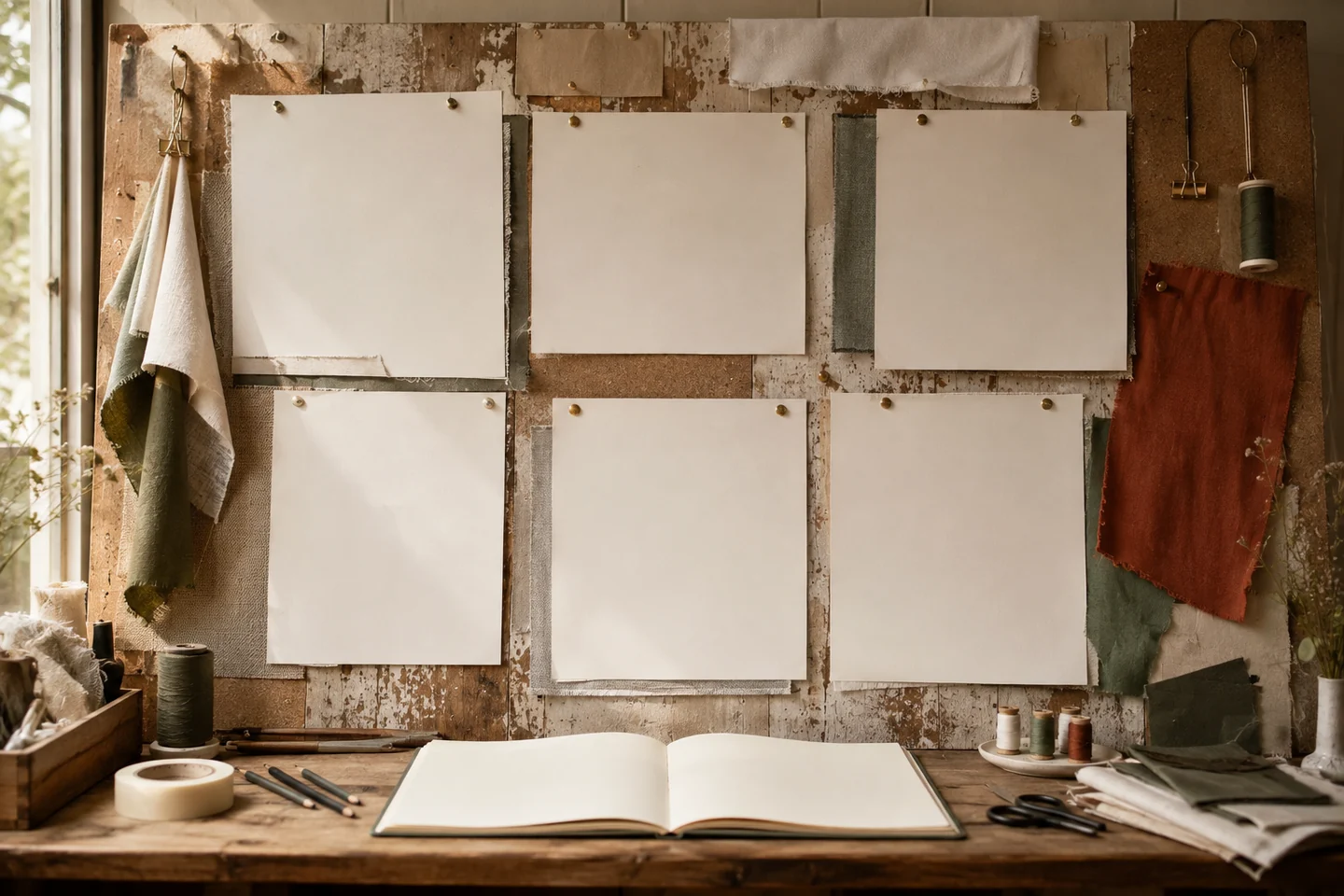 An imagined pinboard station with blank paper studies and an open notebook